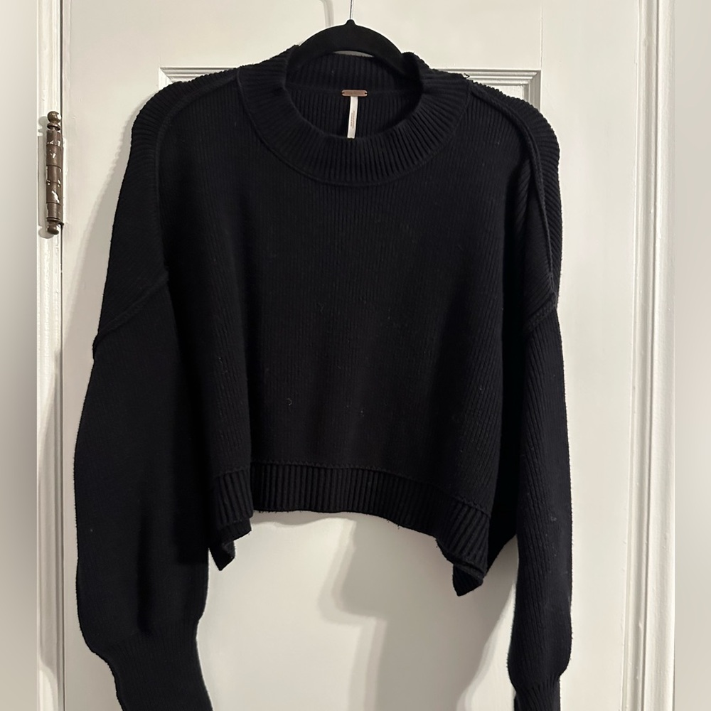 Free People Black Crew Neck Sweater Easy Street Crop Pullover